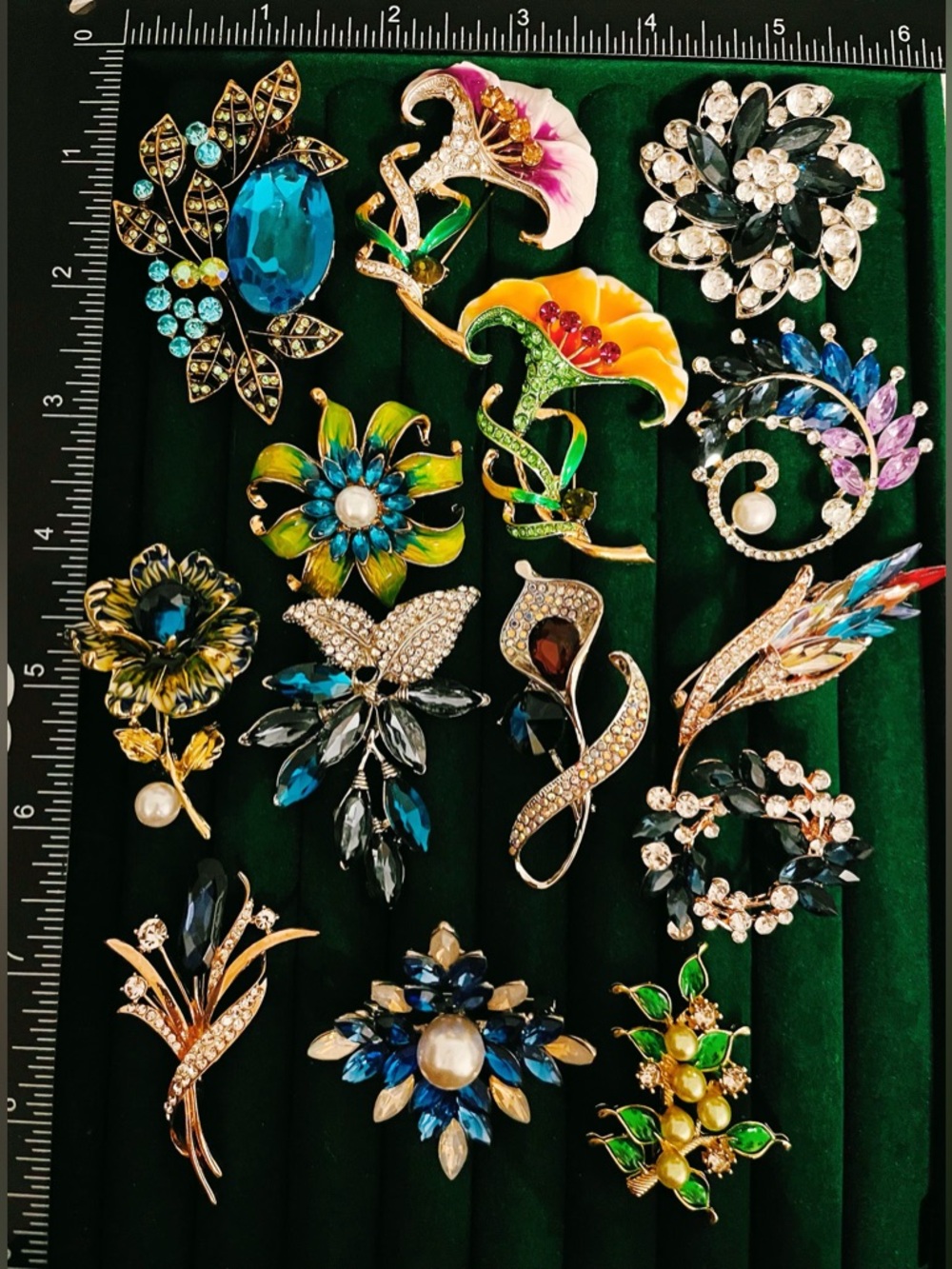Vintage Style Brooch Lot 14pcs Blue & Green Rhinestone Enamel Floral Statement